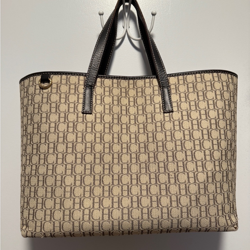 Carolina Herrera Beige and Brown Logo Canvas Tote